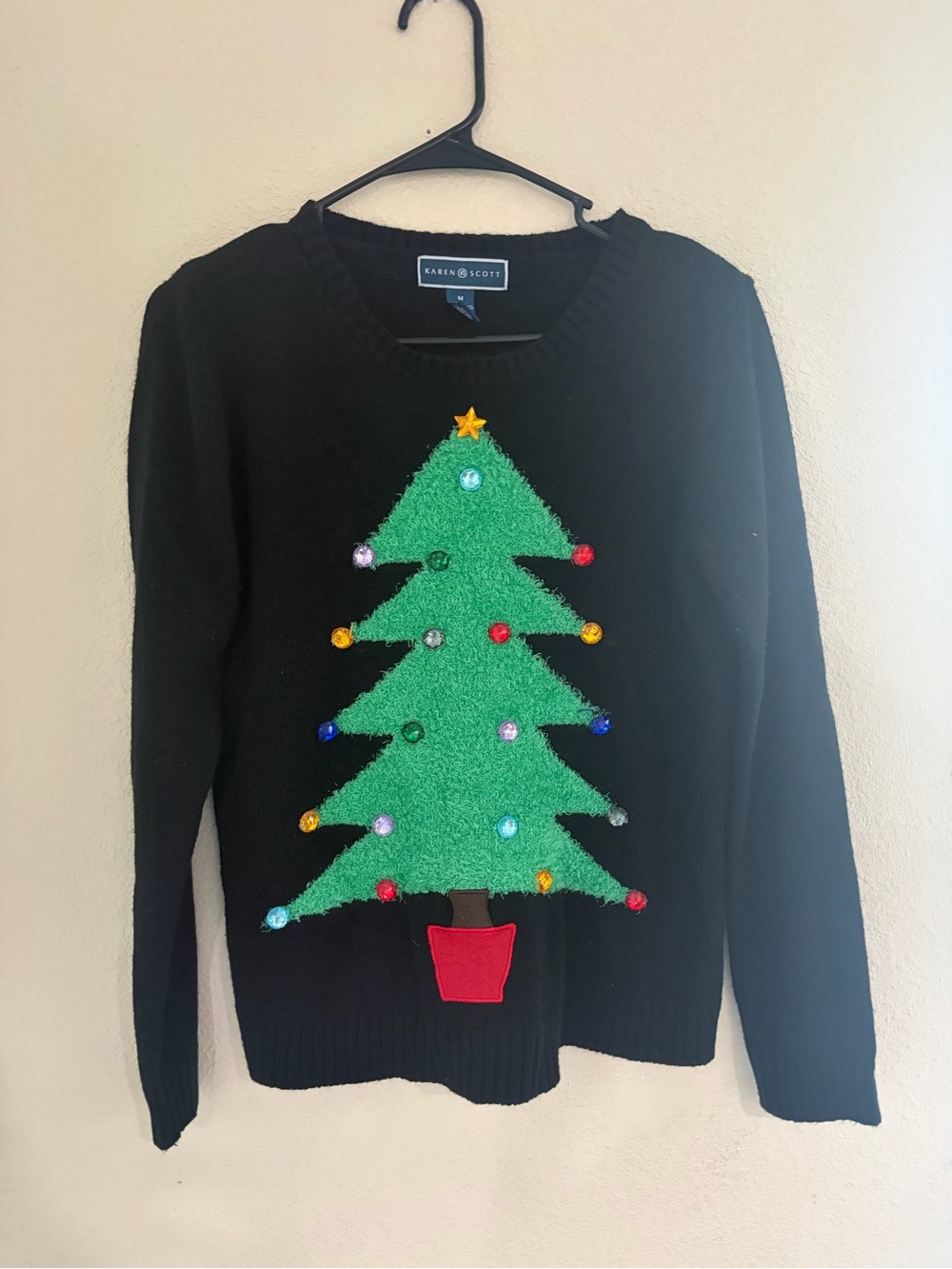 Scott Black Crewneck Sweater with Green Christmas Tree and Multicolor Ornaments